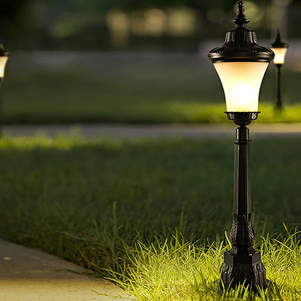 Vintage High-Pole Outdoor Post Light — Black Iron and Glass, 39" Tall, Warm White