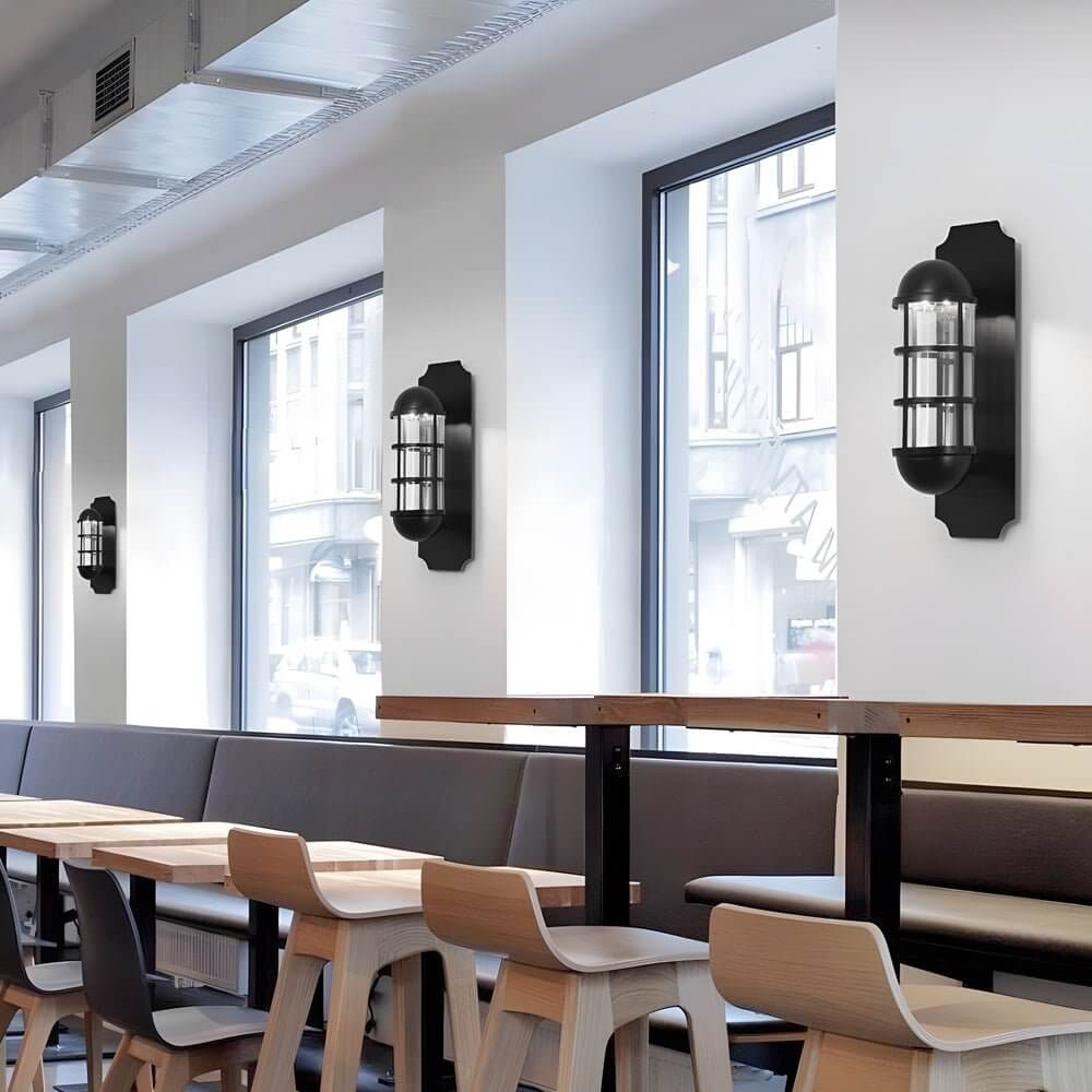 retro telephone booth inspired led sconce light with iron and glass design