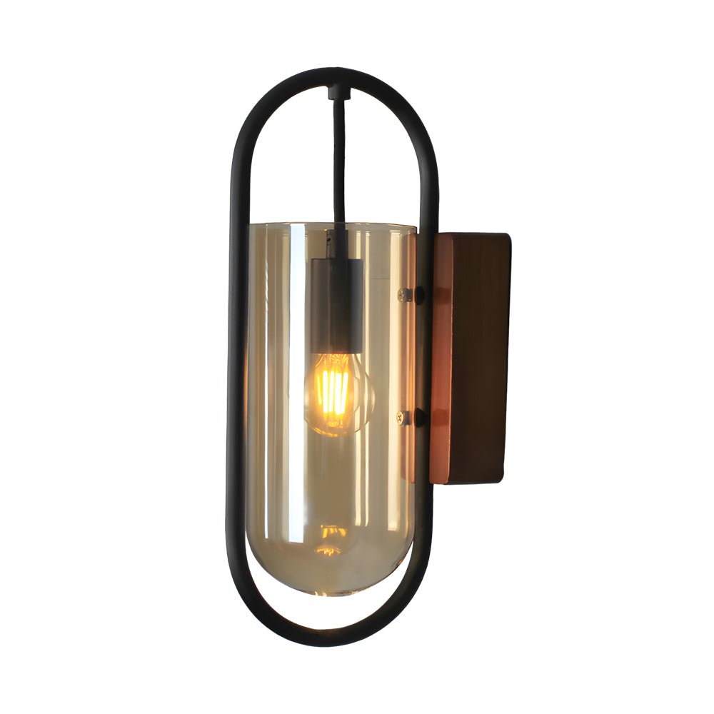 Retro Wood Base Wall Sconce — Glass, Iron, and Wood, LED, 3-Step Color Dimming (3000K / 4500K / 6000K)