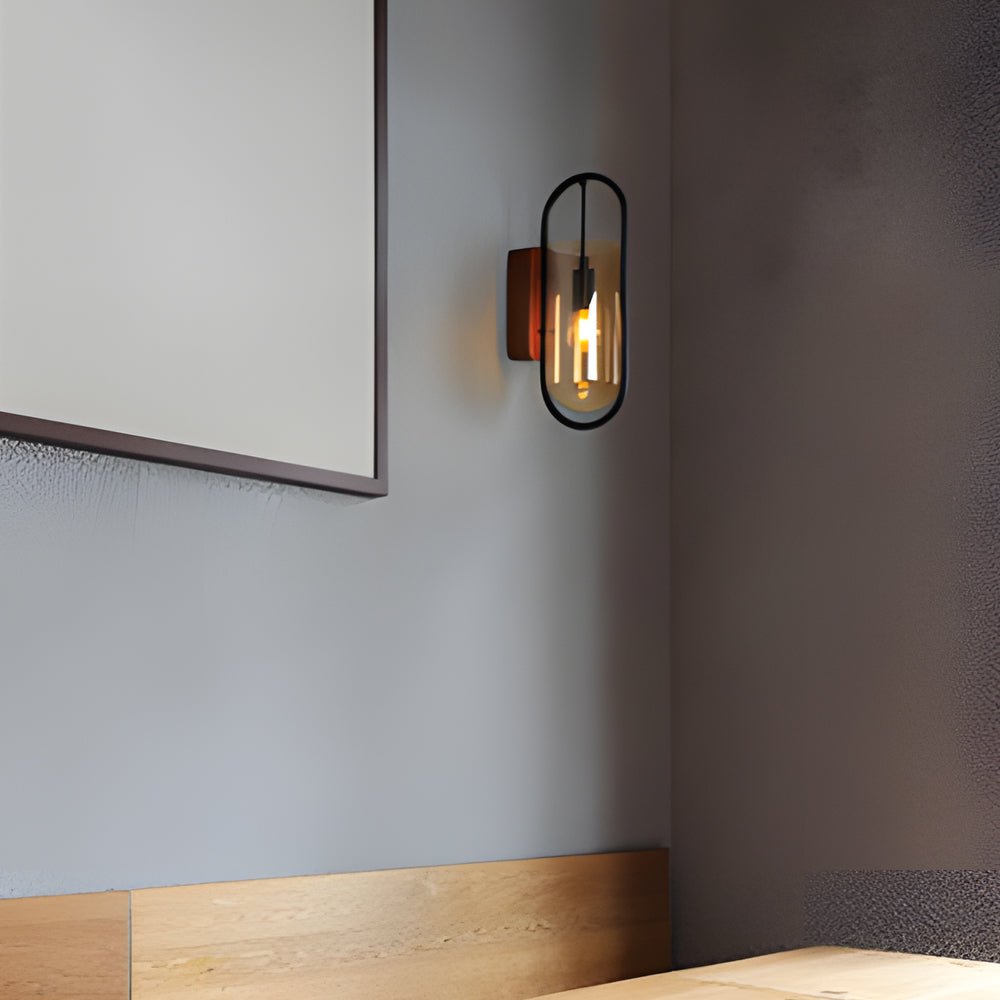 Retro Wood Base Wall Sconce — Glass, Iron, and Wood, LED, 3-Step Color Dimming (3000K / 4500K / 6000K)