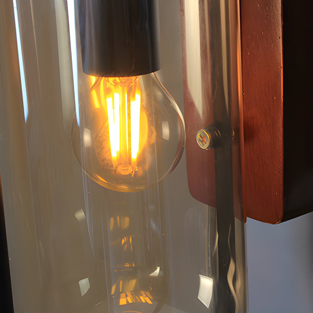Retro Wood Base Wall Sconce — Glass, Iron, and Wood, LED, 3-Step Color Dimming (3000K / 4500K / 6000K)