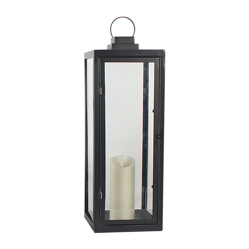 Modern Black Glass Candle Lantern Floor Light — Galvanized Steel, DC 5V LED, Portable Outdoor, 3000K Warm White