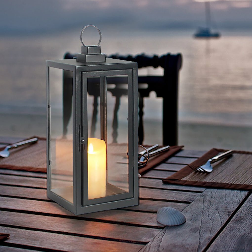 Modern Black Glass Candle Lantern Floor Light — Galvanized Steel, DC 5V LED, Portable Outdoor, 3000K Warm White