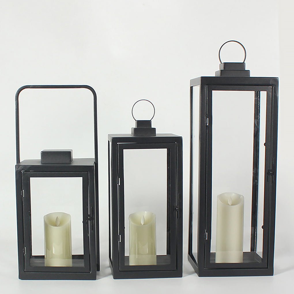 Modern Black Glass Candle Lantern Floor Light — Galvanized Steel, DC 5V LED, Portable Outdoor, 3000K Warm White