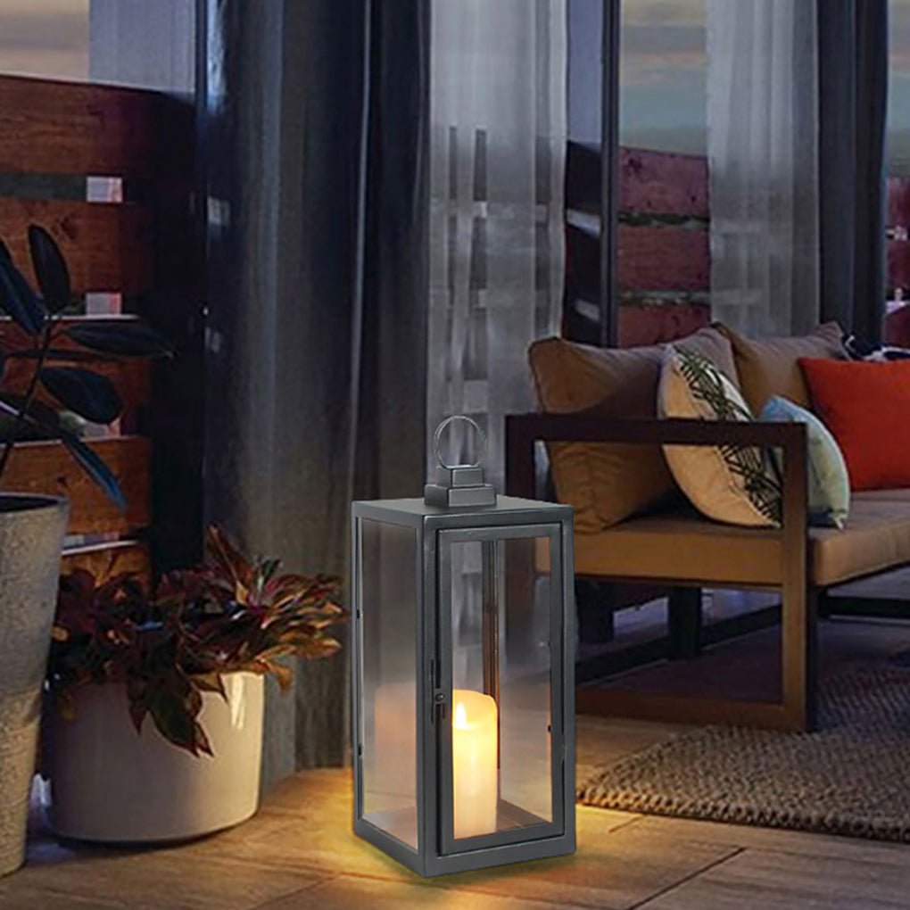 Modern Black Glass Candle Lantern Floor Light — Galvanized Steel, DC 5V LED, Portable Outdoor, 3000K Warm White