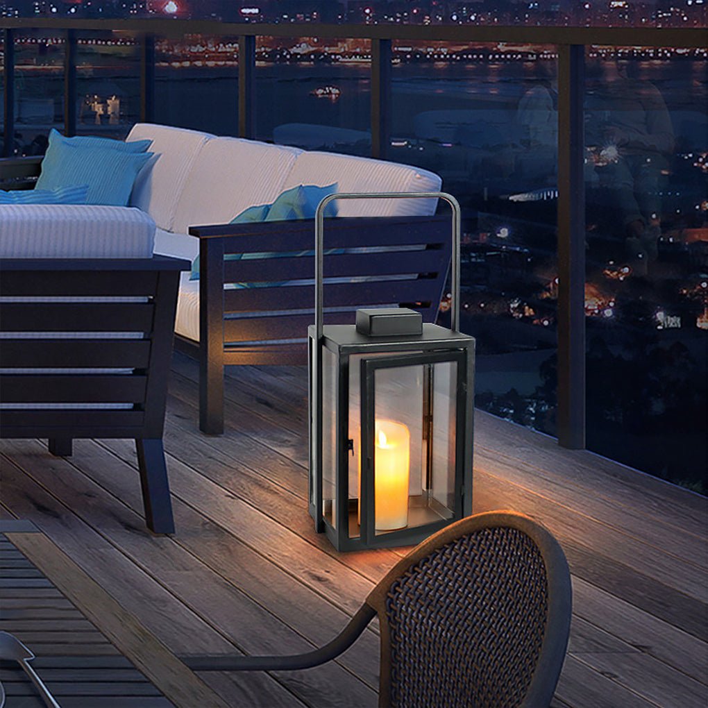Modern Black Glass Candle Lantern Floor Light — Galvanized Steel, DC 5V LED, Portable Outdoor, 3000K Warm White