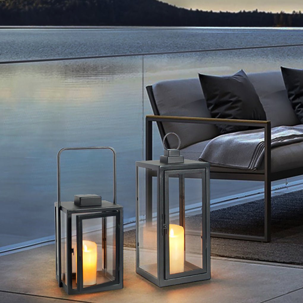 Modern Black Glass Candle Lantern Floor Light — Galvanized Steel, DC 5V LED, Portable Outdoor, 3000K Warm White