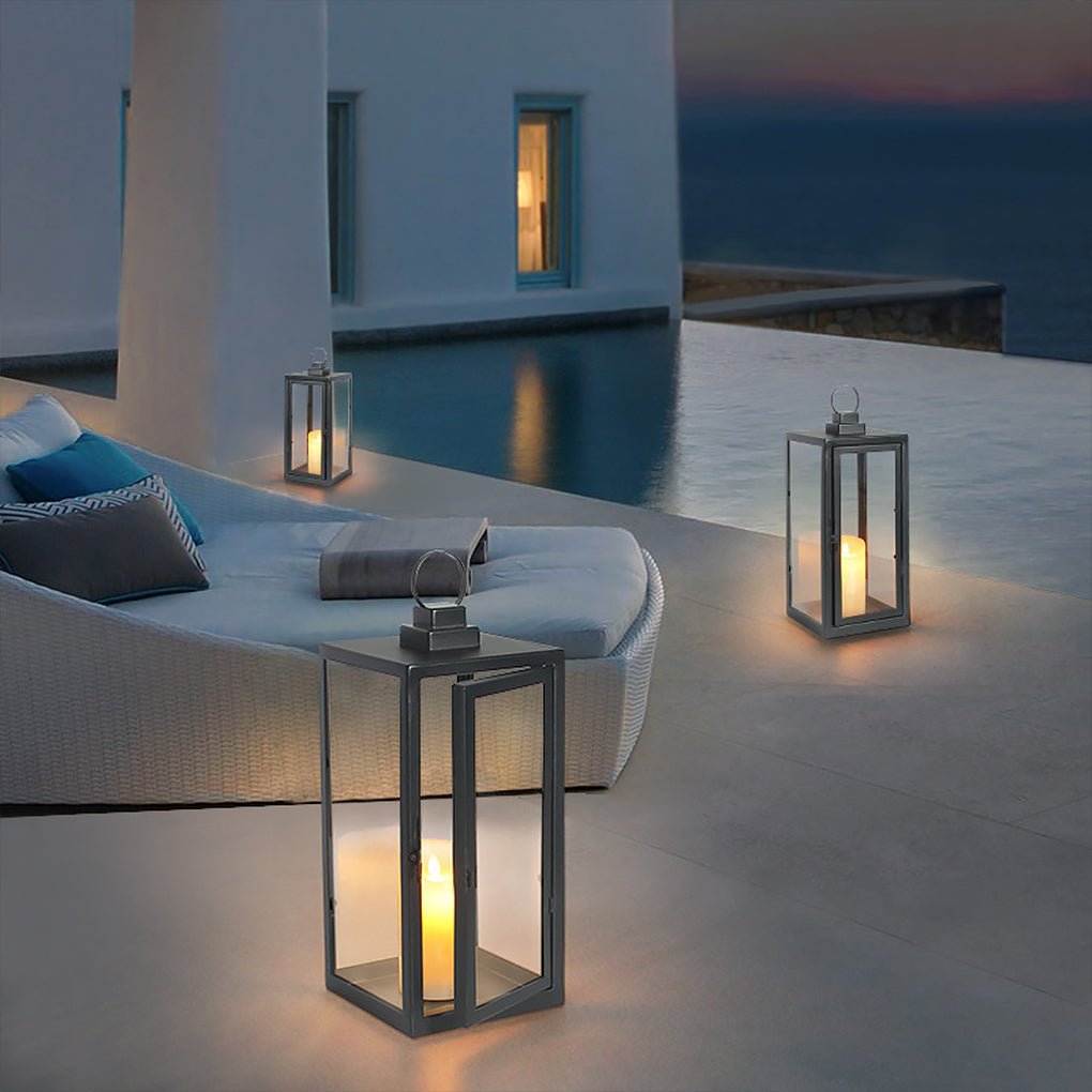 Modern Black Glass Candle Lantern Floor Light — Galvanized Steel, DC 5V LED, Portable Outdoor, 3000K Warm White