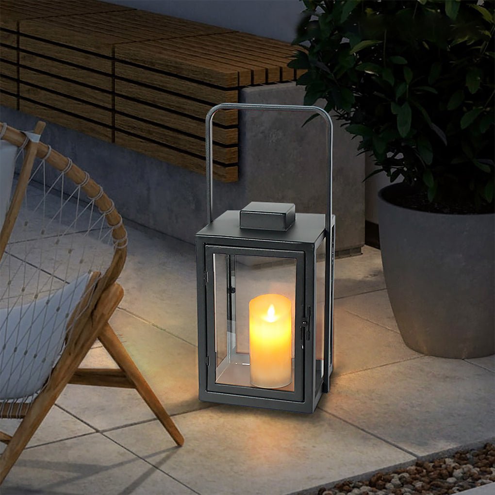 Modern Black Glass Candle Lantern Floor Light — Galvanized Steel, DC 5V LED, Portable Outdoor, 3000K Warm White