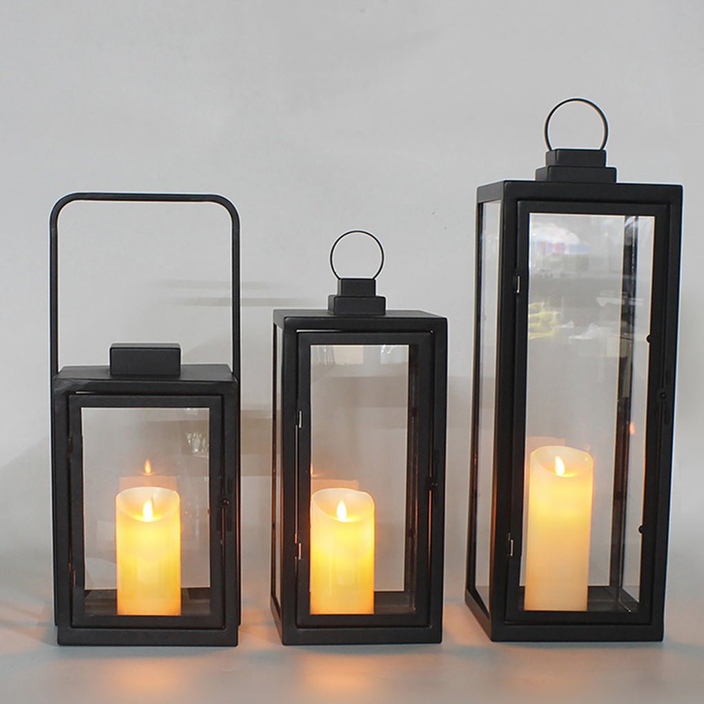 Modern Black Glass Candle Lantern Floor Light — Galvanized Steel, DC 5V LED, Portable Outdoor, 3000K Warm White