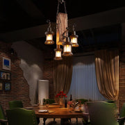 Lodge-Style Farmhouse Chandelier — Wood and Bamboo, 4-Light Lantern, 18" Diameter, Adjustable 20" Chain