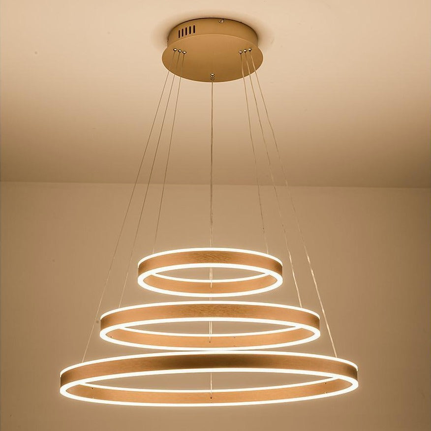 Triple-Ring Chandelier — Aluminum, Gold Finish, LED 142W, 3000K–6000K, 59" Adjustable Chain