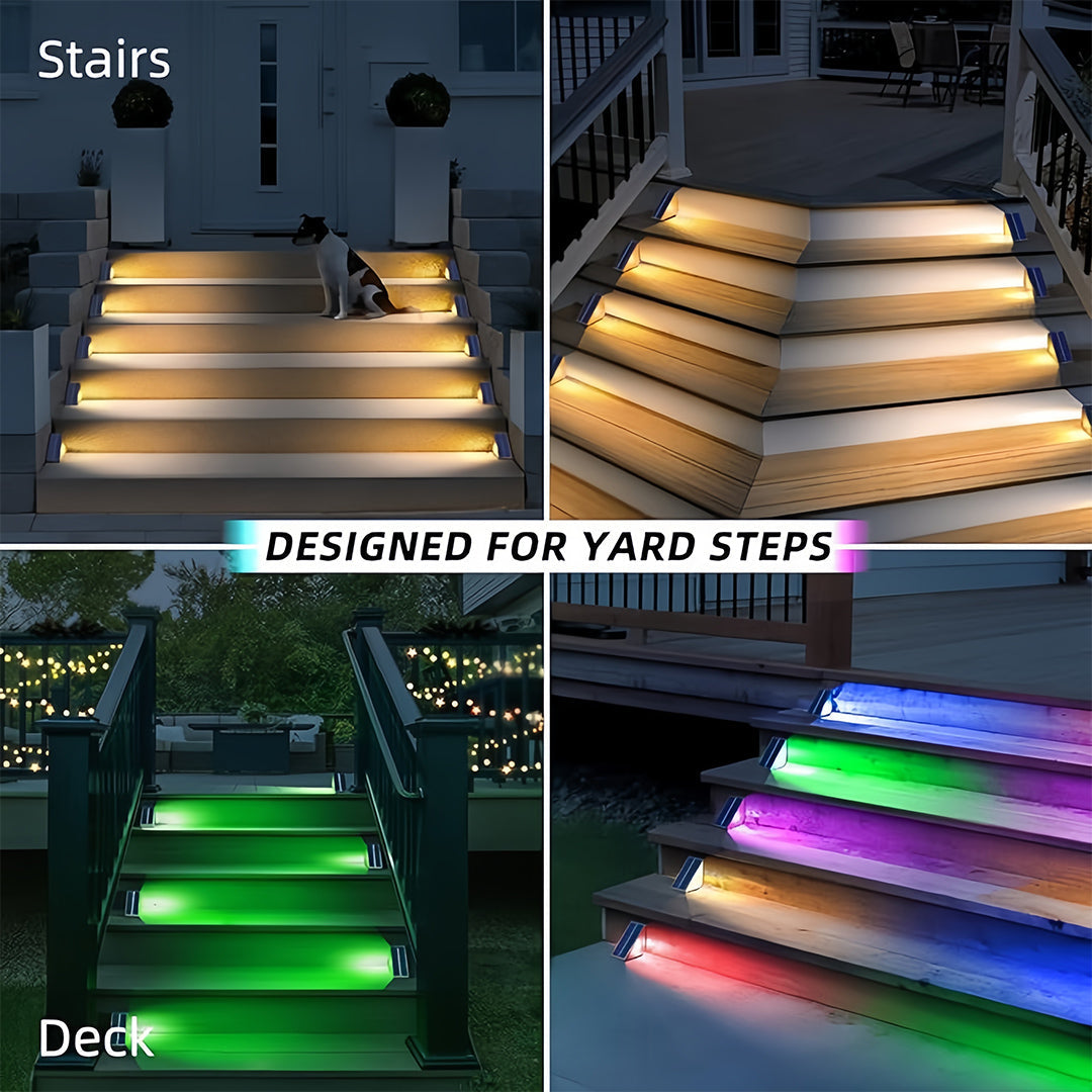 RGB Solar Step & Deck Lights, 4-Pack — ABS/PC, LED, IP65 Weatherproof, Warm White + 7-Color Mode, Auto Dusk-On