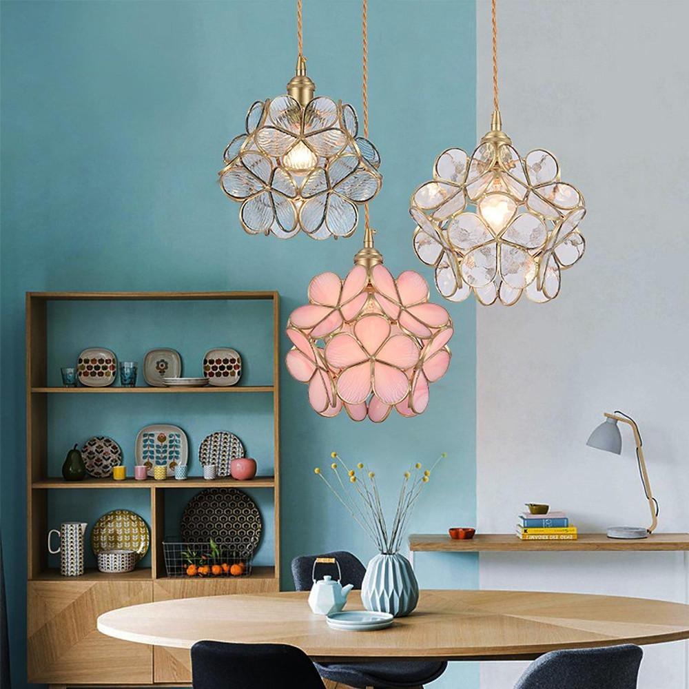 Ornate Flower Glass Mini Pendant — Copper & Brass, 1-Light E27, Adjustable Height
