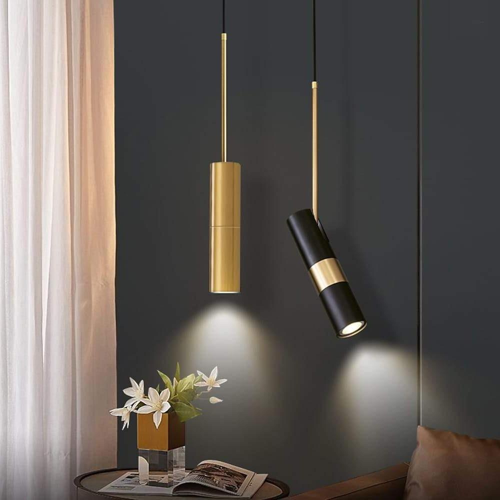 Norse-Inspired Cylindrical Mini Pendant — Black, White, or Gold Metal, 360° Rotating, 1-Light LED, 39" Adjustable Cord