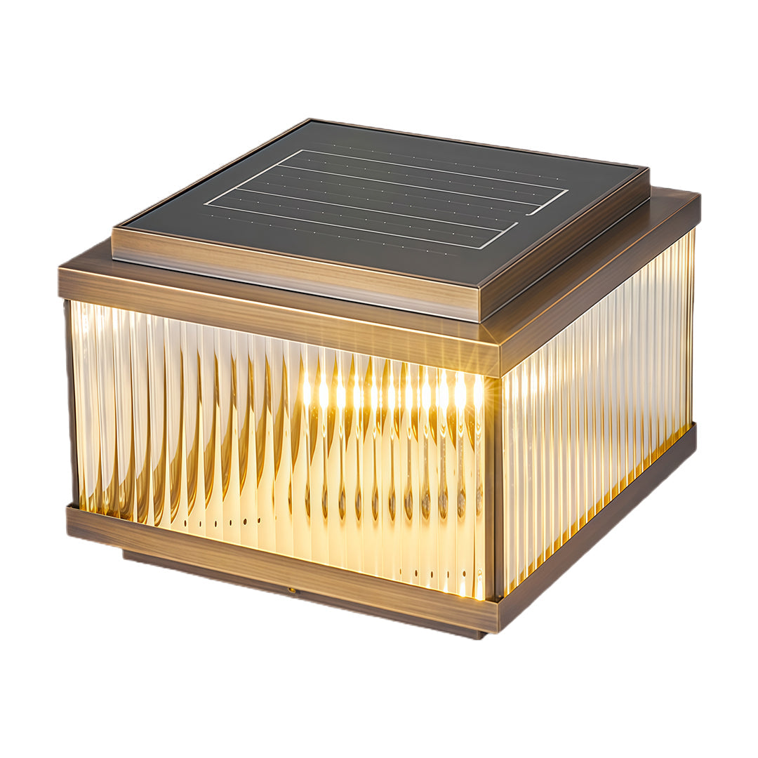 Square Copper Outdoor Pillar Light — Ribbed Glass, Dual Solar/Electric, 3-Step Dimming, 4 Sizes