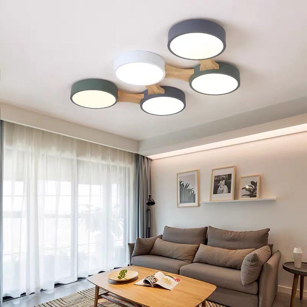 Circular Multi-Light LED Flush Mount — Wood/Bamboo and PVC, 3-Light / 4-Light / 5-Light, Dimmable 3000K–6000K, Remote Control