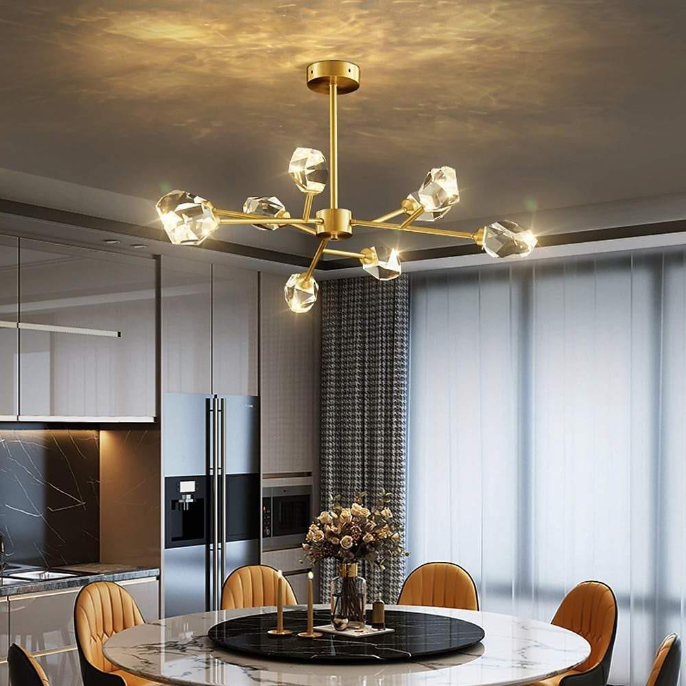 9-Light Sputnik Crystal Chandelier — Matte Gold, Irregular Geometric Crystal, G9 LED, 32" Diameter