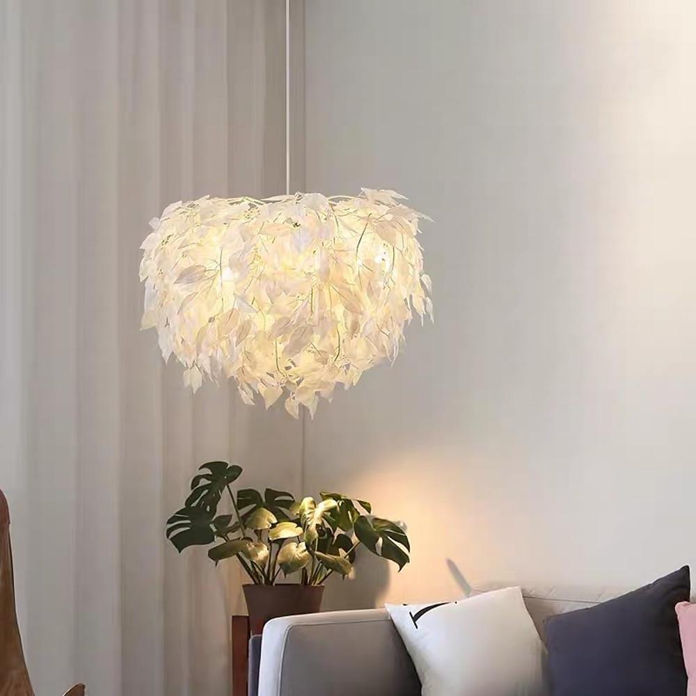 Feather Fabric Pendant Light — Iron Frame, 24" Dia., 4-Light, Dimmable 3000–5400K, White & Gold
