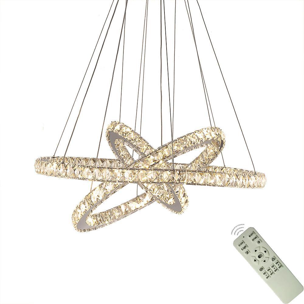 Interwoven Geometric Ring Crystal Chandelier — Chrome, Dimmable LED, 3000K/6000K, Remote Control, 28"