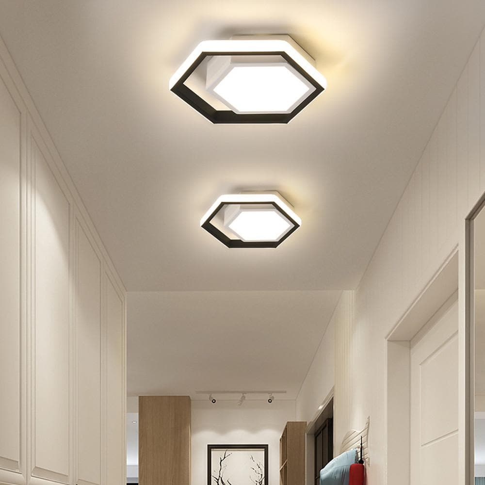 Hexagon LED Flush-Mount Ceiling Light — Metal, Black and White, 10" Geometric, Warm White / 6000K / 3-Step Dimming