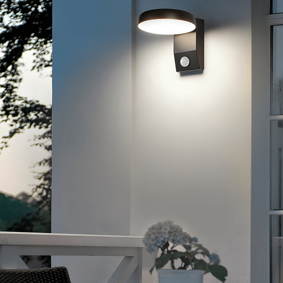 rotatable black outdoor wall light with motion sensor