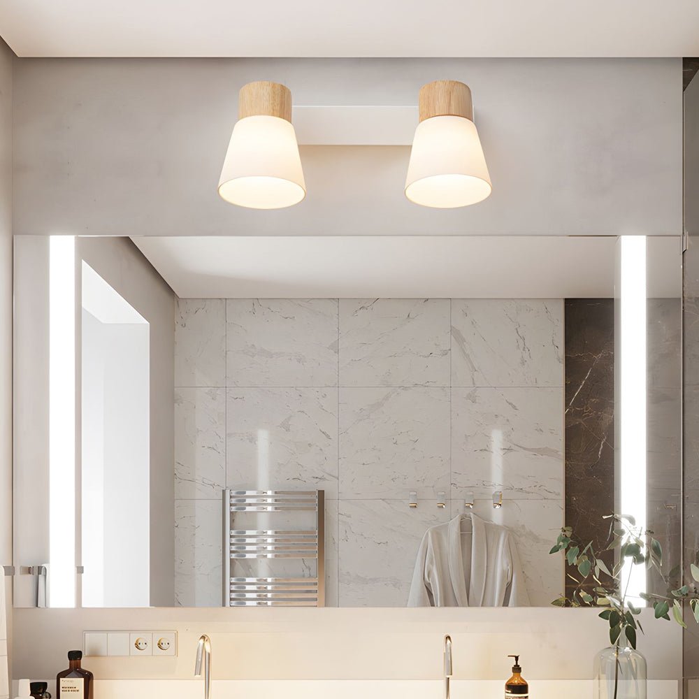 rotatable white wood and glass cone wall sconce