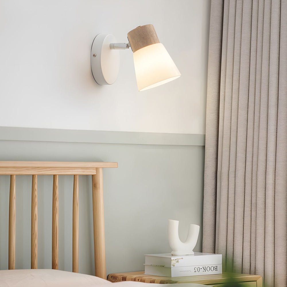 rotatable white wood and glass cone wall sconce