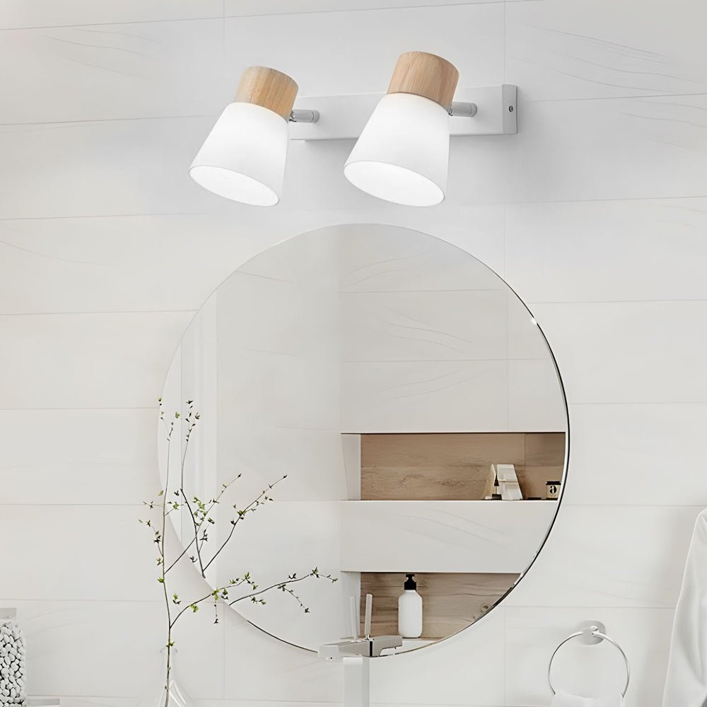 rotatable white wood and glass cone wall sconce