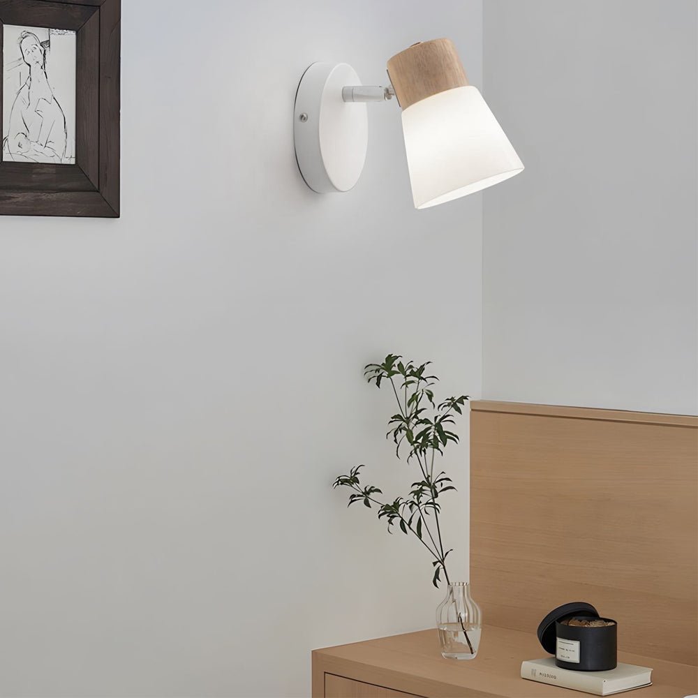 rotatable white wood and glass cone wall sconce