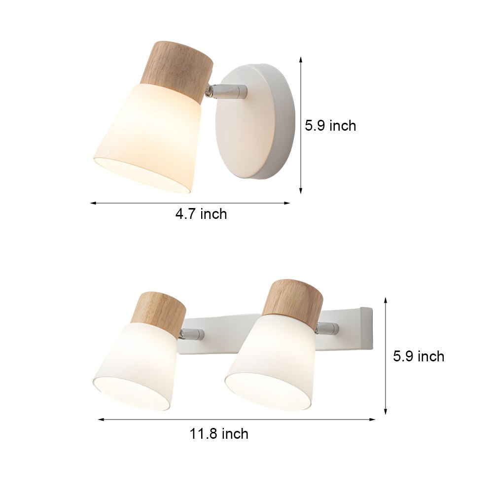 rotatable white wood and glass cone wall sconce