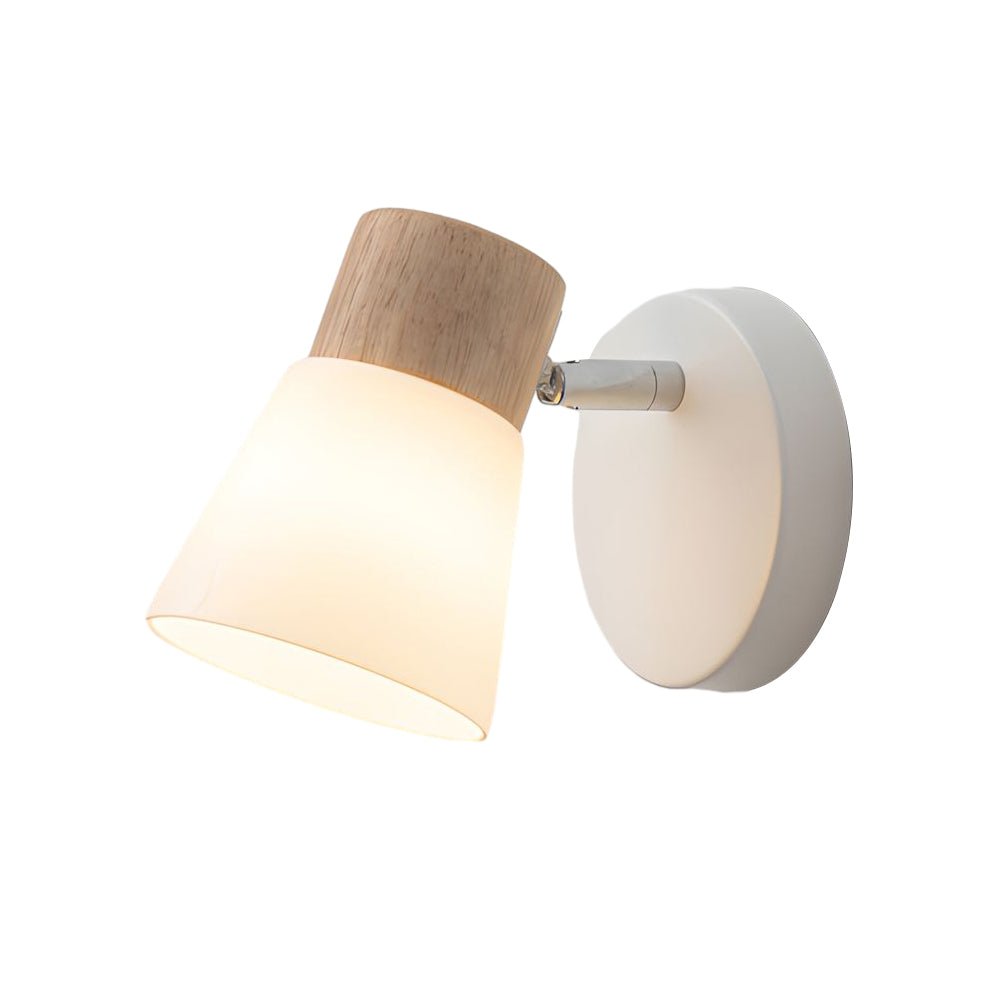 rotatable white wood and glass cone wall sconce