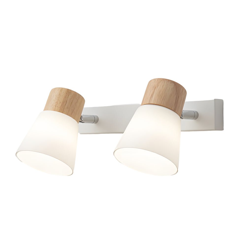 rotatable white wood and glass cone wall sconce