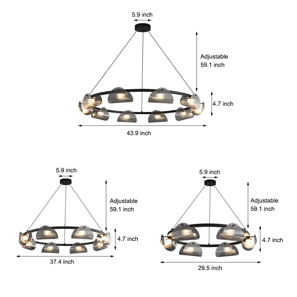 Curved Striped Glass Chandelier — Black & Smoke Gray, Dimmable LED, 6, 8, or 10-Light