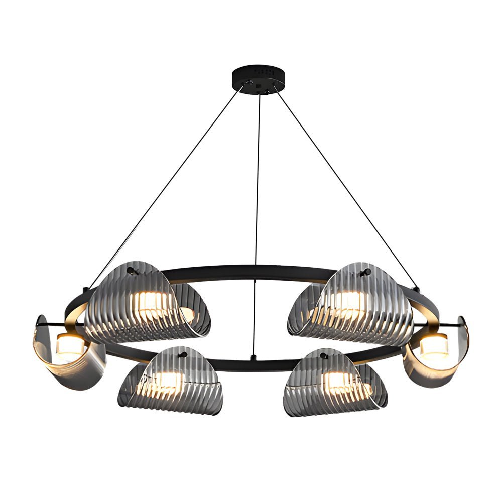 Curved Striped Glass Chandelier — Black & Smoke Gray, Dimmable LED, 6, 8, or 10-Light