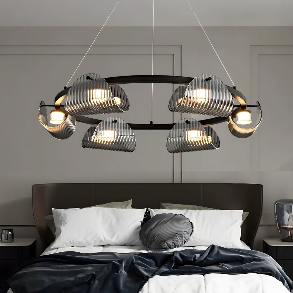 Curved Striped Glass Chandelier — Black & Smoke Gray, Dimmable LED, 6, 8, or 10-Light