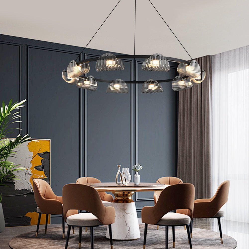 Curved Striped Glass Chandelier — Black & Smoke Gray, Dimmable LED, 6, 8, or 10-Light