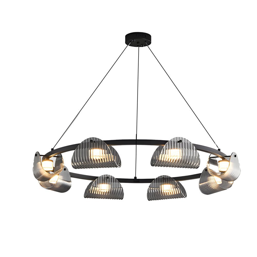 Curved Striped Glass Chandelier — Black & Smoke Gray, Dimmable LED, 6, 8, or 10-Light