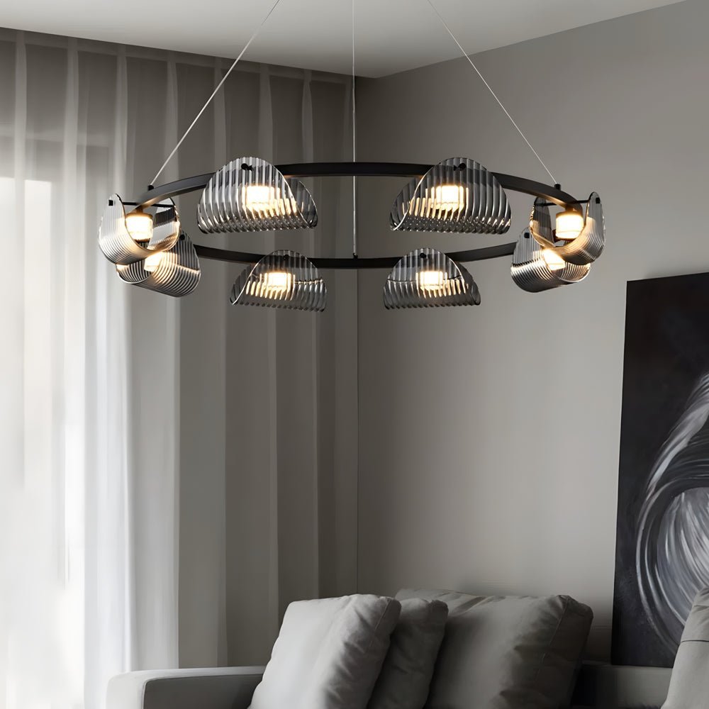 Curved Striped Glass Chandelier — Black & Smoke Gray, Dimmable LED, 6, 8, or 10-Light
