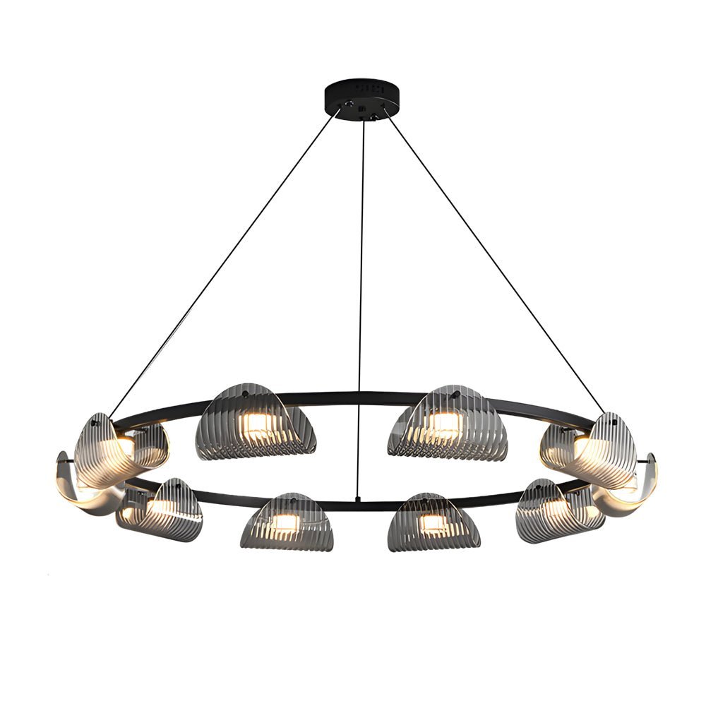 Curved Striped Glass Chandelier — Black & Smoke Gray, Dimmable LED, 6, 8, or 10-Light