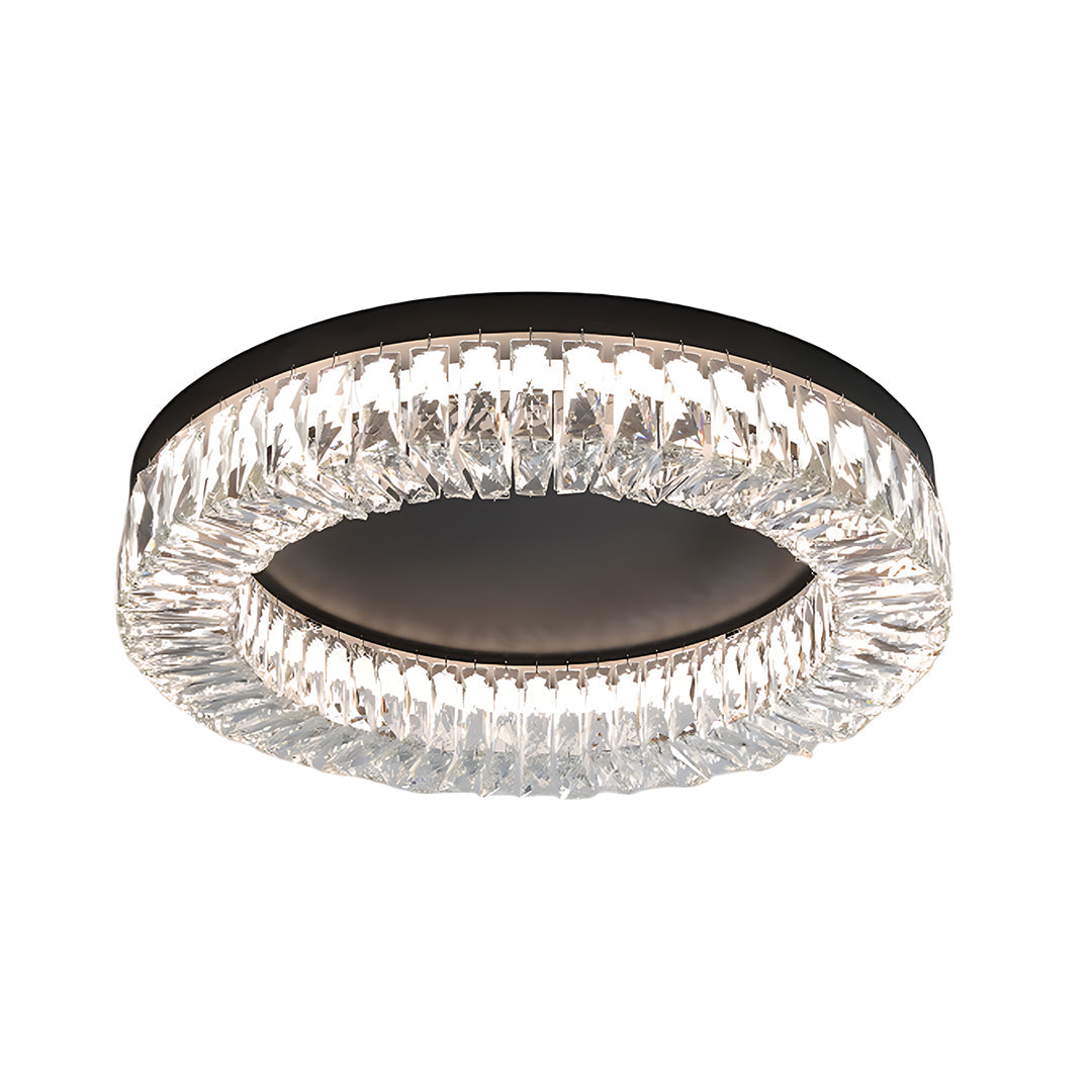 Round Crystal Flush-Mount Ceiling Light — Sand-Black Metal, Stepless Dimming, Remote Control, 3000K–6000K, 20"/24"/32"