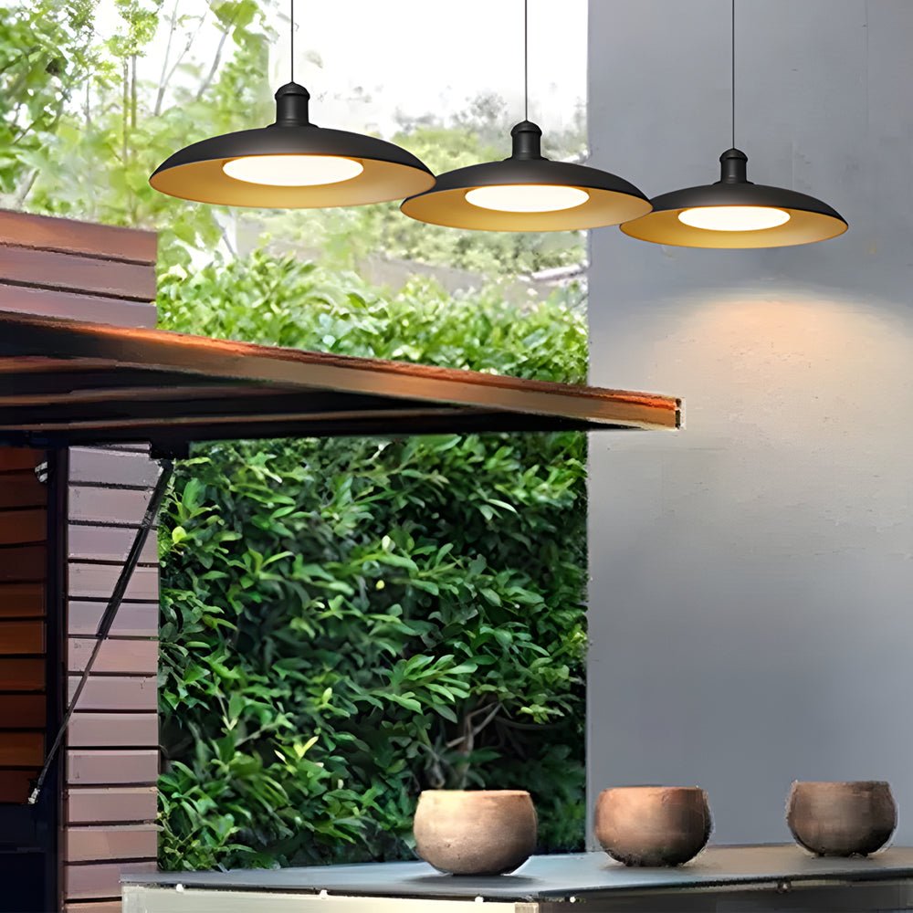 Saucer Outdoor Pendant Light — Black Carbide Steel, LED, Hardwired, 9.6" or 11.4" Dia