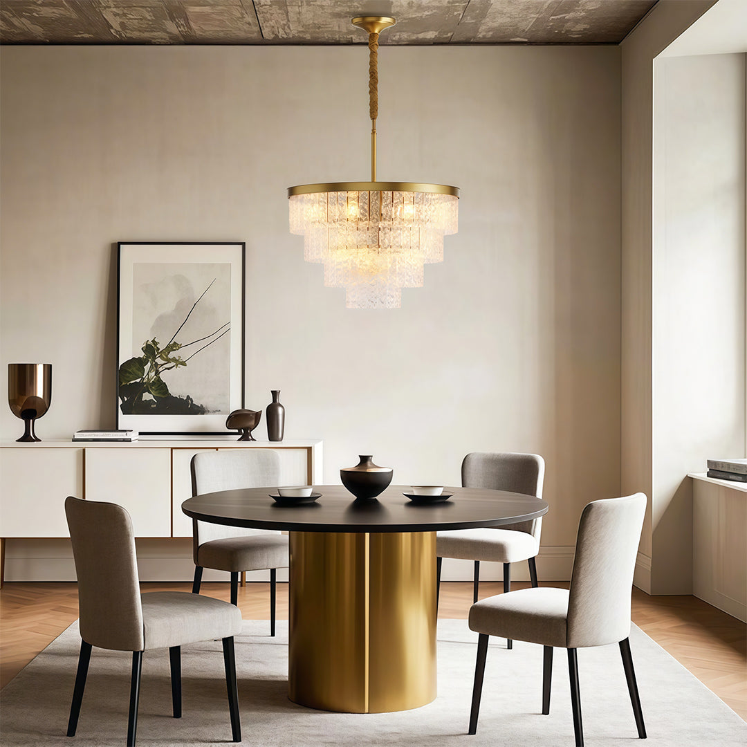 Minimalist Full-Copper Chandelier — Transparent Glass, E14, Round or Linear, Modern Geometric