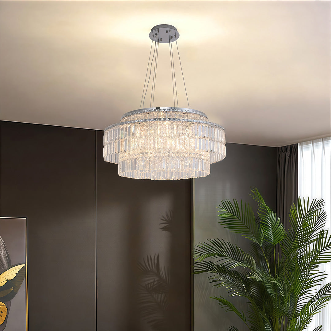 Minimalist Round Crystal Chandelier — Stainless Steel, E14, Three-Color Dimming, Adjustable Hang, 60cm / 80cm / 120cm