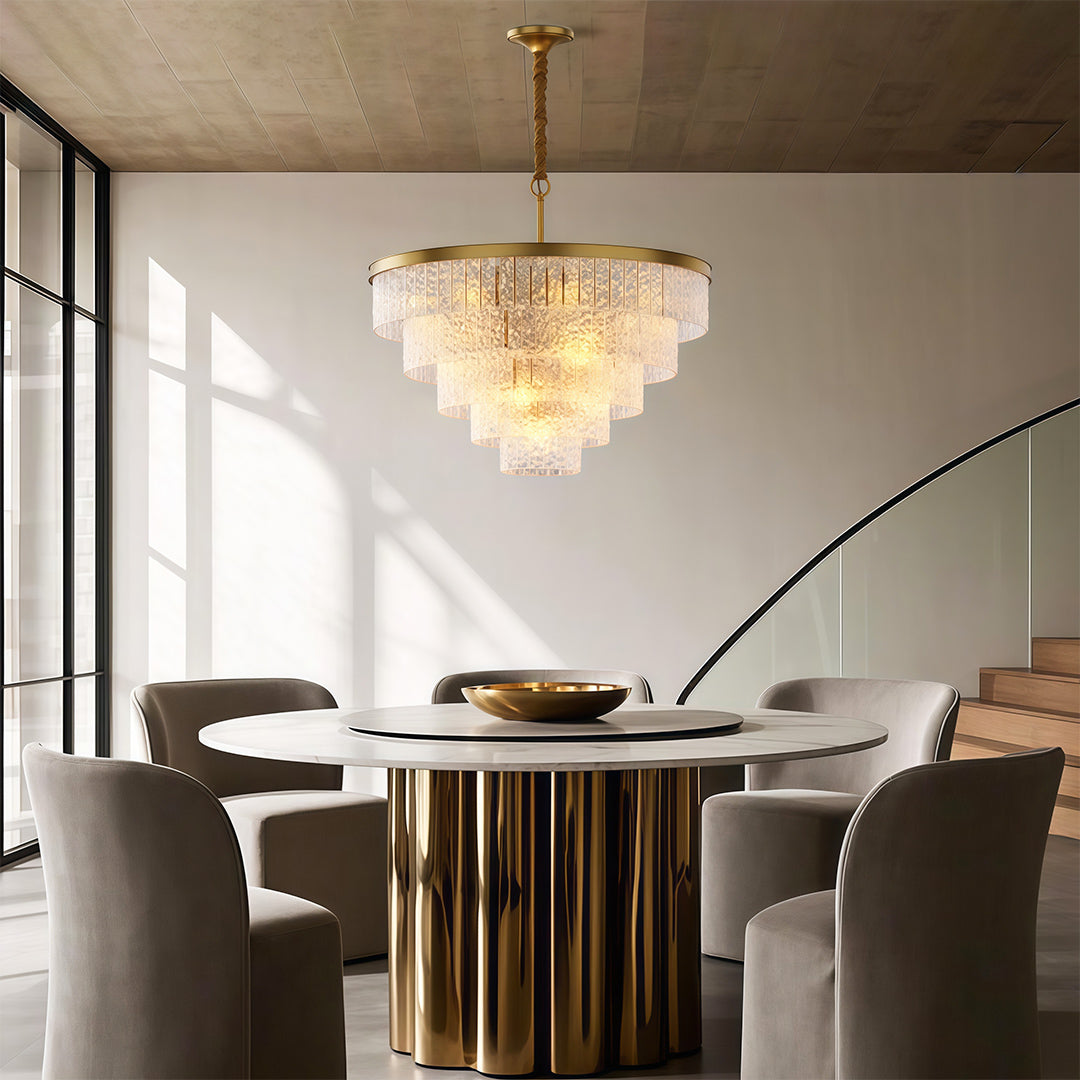 Minimalist Full-Copper Chandelier — Transparent Glass, E14, Round or Linear, Modern Geometric