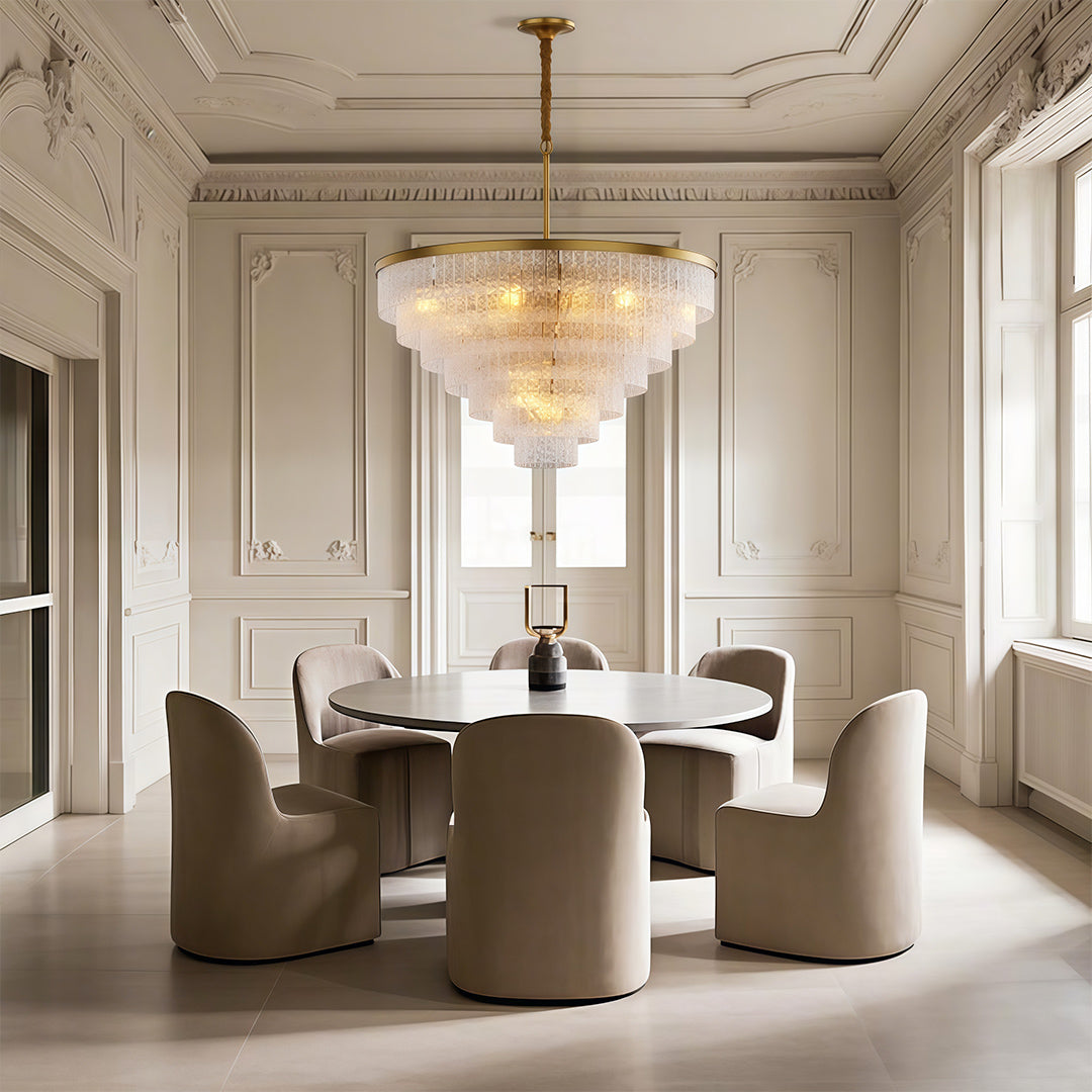 Minimalist Full-Copper Chandelier — Transparent Glass, E14, Round or Linear, Modern Geometric