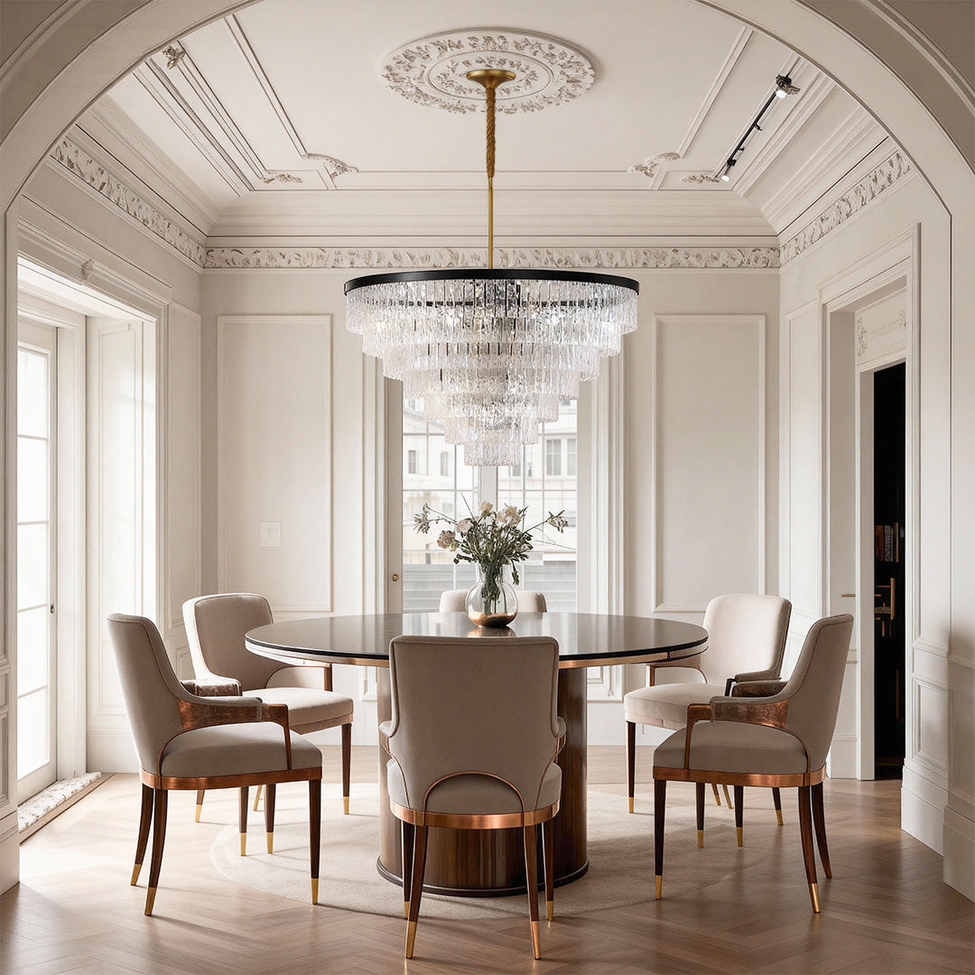 Minimalist Full-Copper Chandelier — Transparent Glass, E14, Round or Linear, Modern Geometric