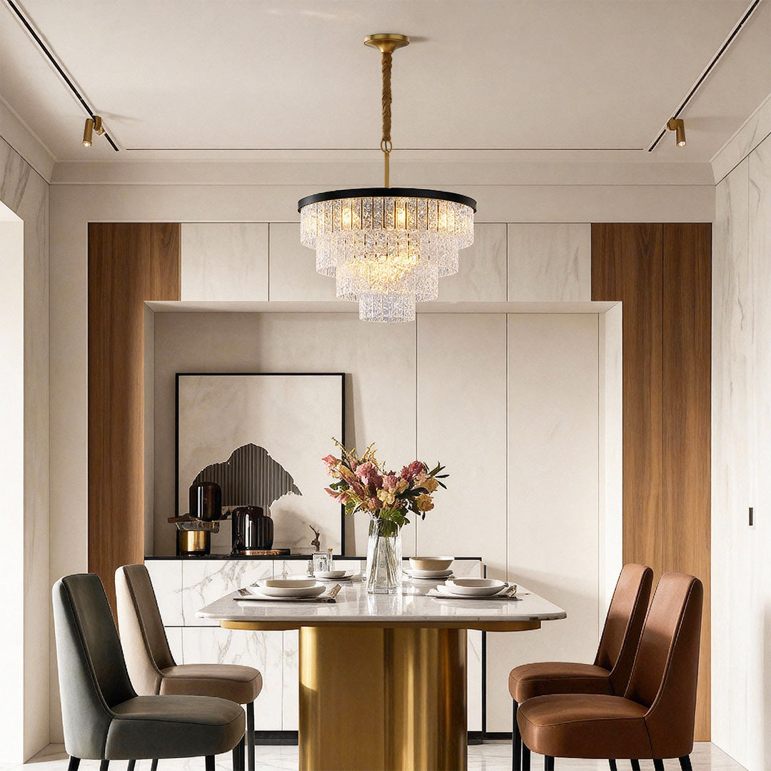 Minimalist Full-Copper Chandelier — Transparent Glass, E14, Round or Linear, Modern Geometric