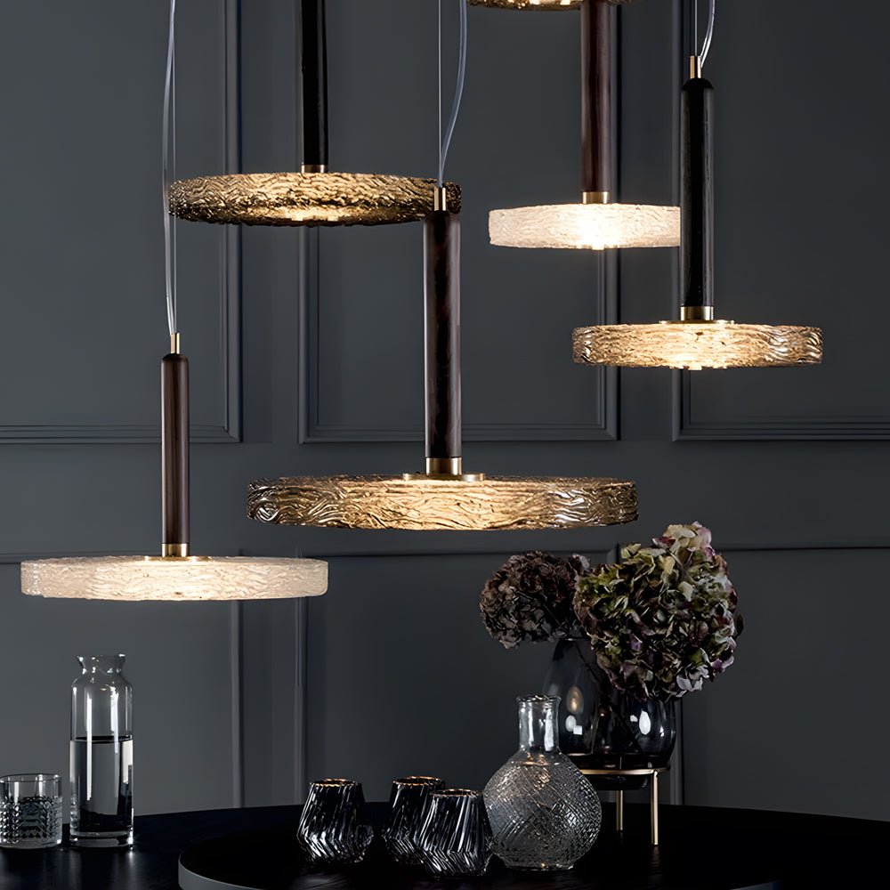 Postmodern Round Glass Mini Pendant — Iron, Amber or Smoke Gray, LED, 9.8" Diameter, Adjustable 59.1" Cord