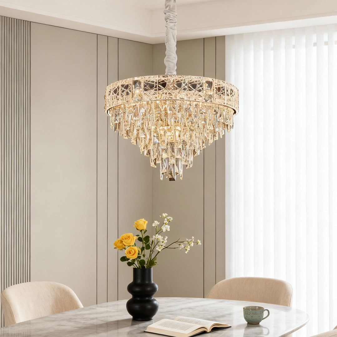 Luxury Crystal Chandelier — Champagne Gold Steel, Tri-Color Dimmable LED + E14, 4 Sizes (21.7"–37.4"), Adjustable Rope
